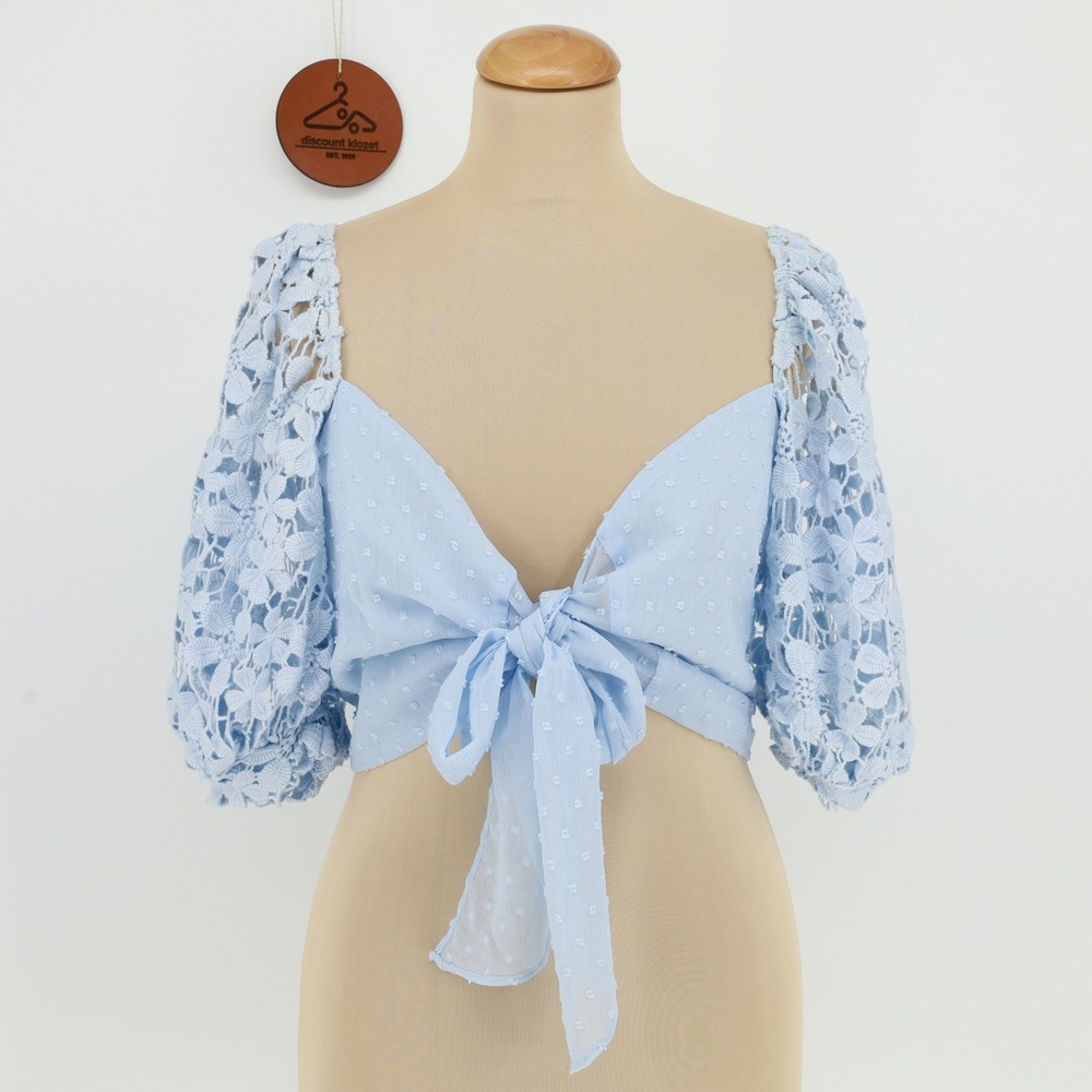 Selfie Leslie Star Cross Lover Bust Tie Crop Top Small‎ Crochet Lace Puff Sleeve